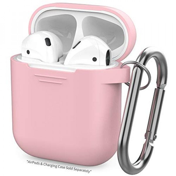 Wholesale Apple Airpods Charging Case Protective Silicone Cover Skin with Hang Hook Clip (Pink)